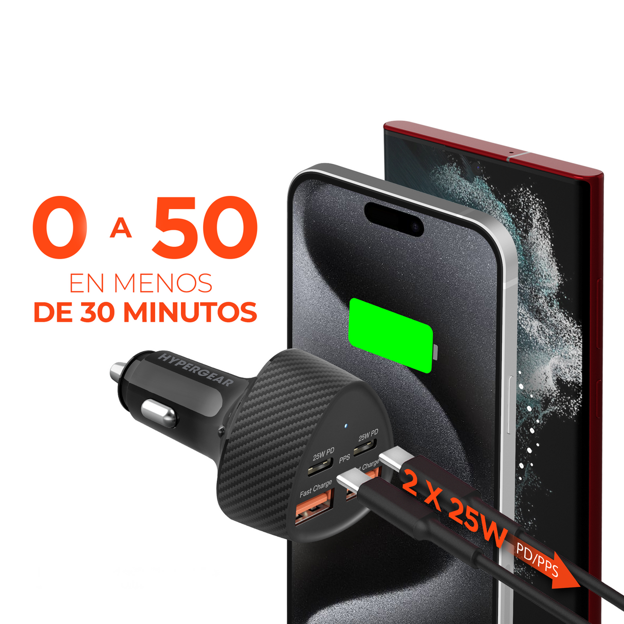 Cargador De Auto De 50w Carga Super Rápida Con 2 Entradas Usb C y 2 Entradas Usb A Negro Hypergear