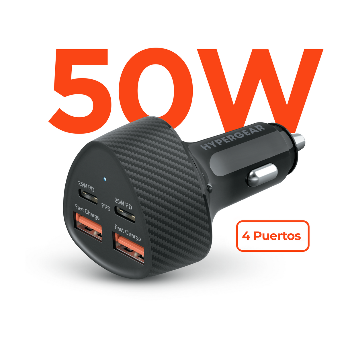 Cargador De Auto De 50w Carga Super Rápida Con 2 Entradas Usb C y 2 Entradas Usb A Negro Hypergear