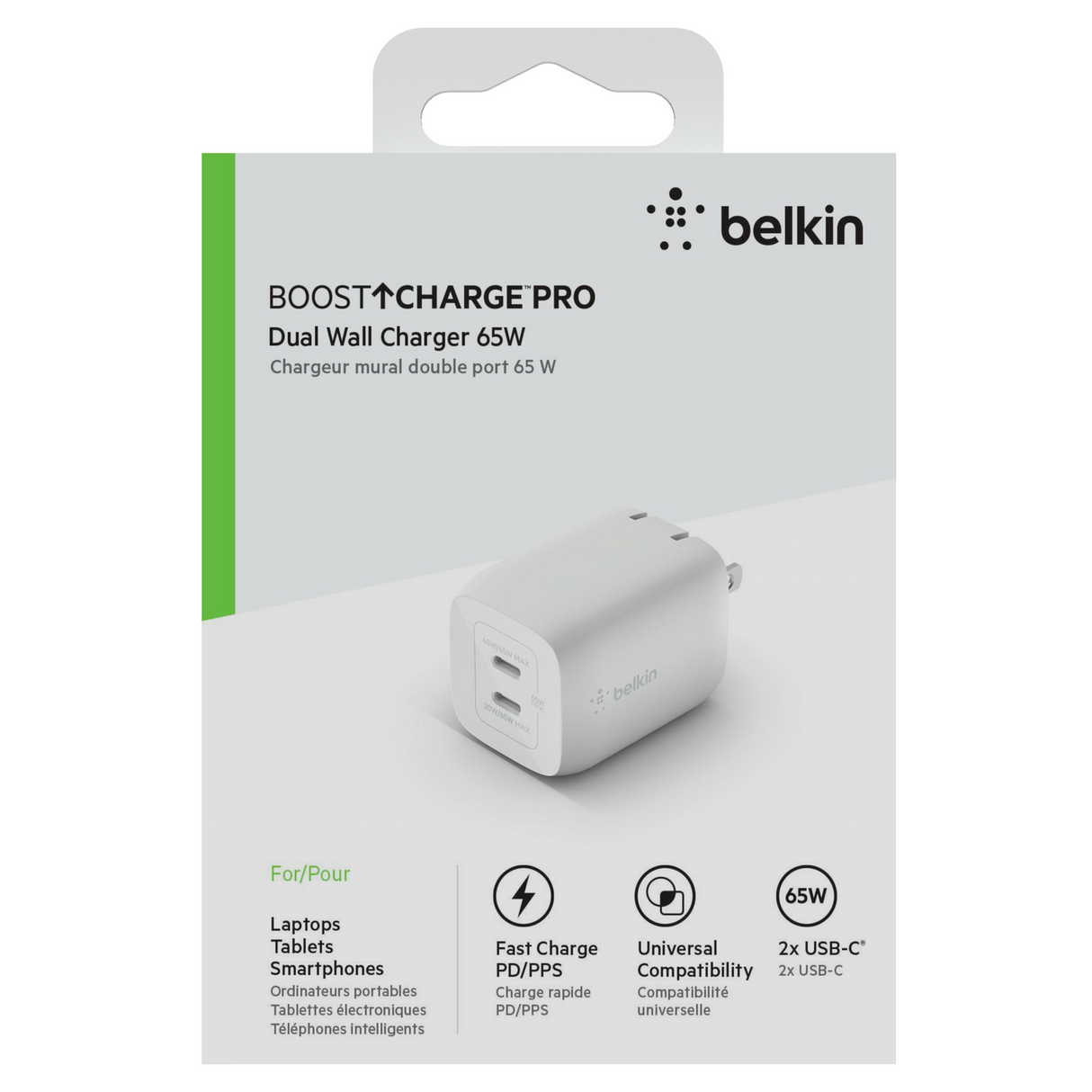 Cargador De Pared Doble Usb C De 65W Blanco GaN