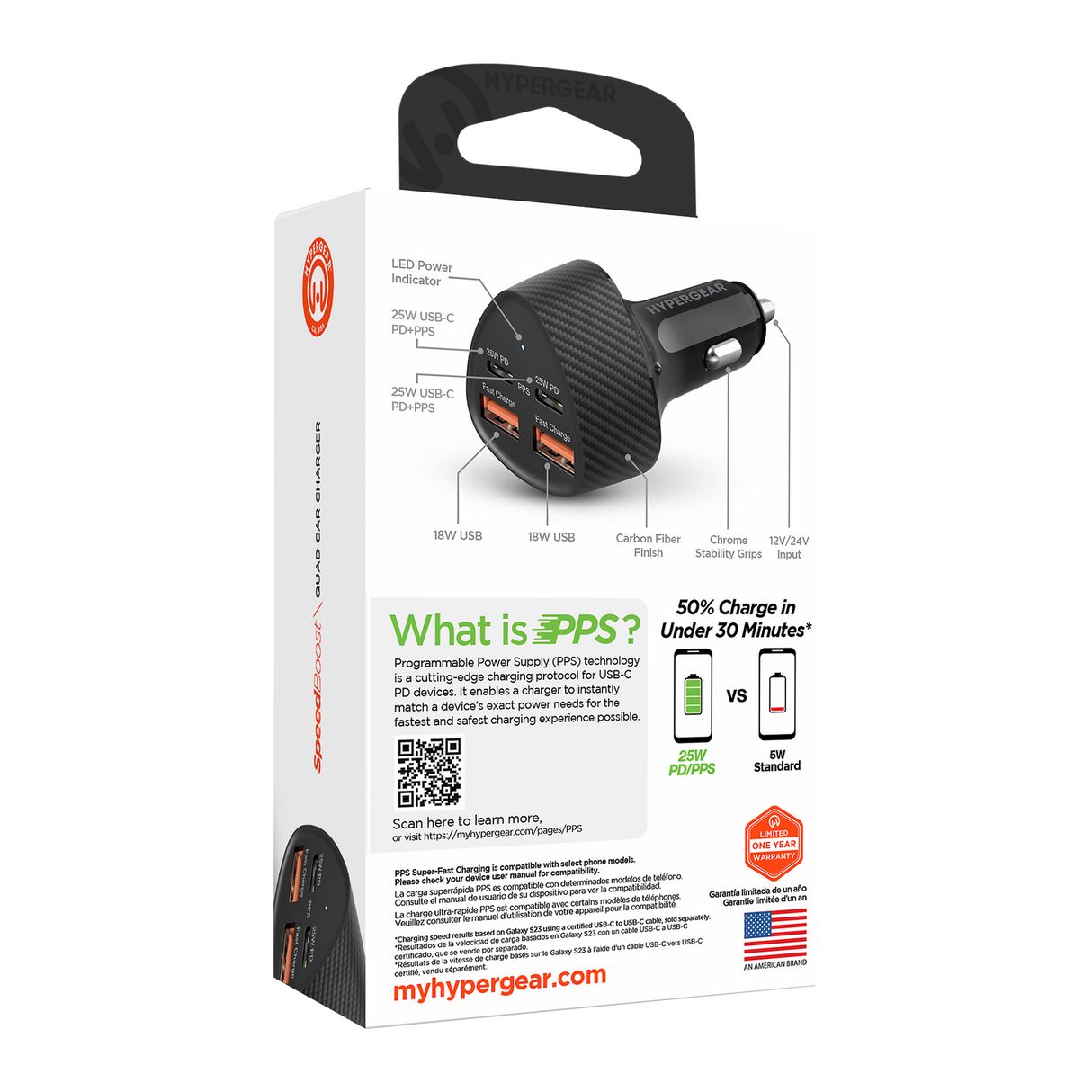 Cargador De Auto De 50w Carga Super Rápida Con 2 Entradas Usb C y 2 Entradas Usb A Negro Hypergear