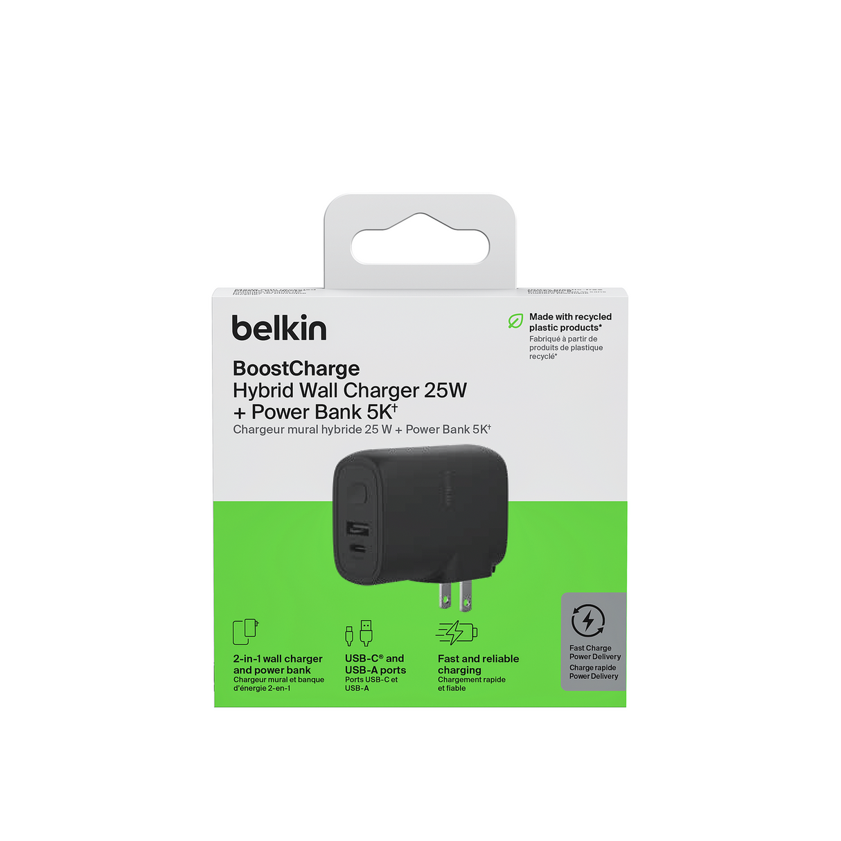 25W Wall Charger with USB A input and USB C input Plus 5K Battery Black