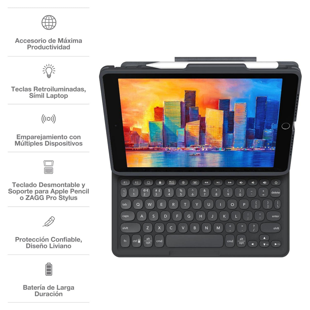 Teclado con Funda ZAGG Pro Keys Retroiluminado para iPad 10.2'' (7a, 8a y 9a Gen) - Negro/Gris