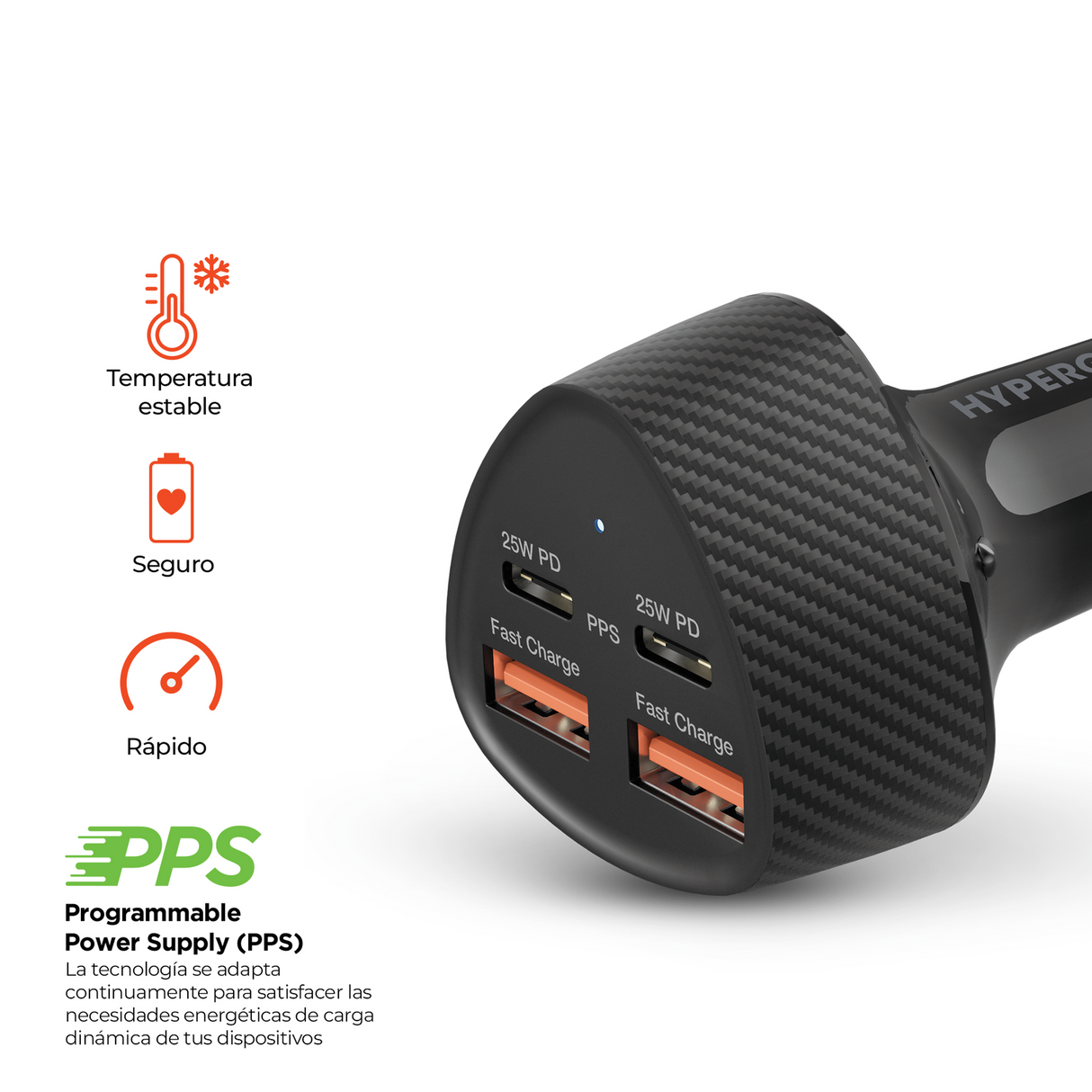 Cargador De Auto De 50w Carga Super Rápida Con 2 Entradas Usb C y 2 Entradas Usb A Negro Hypergear