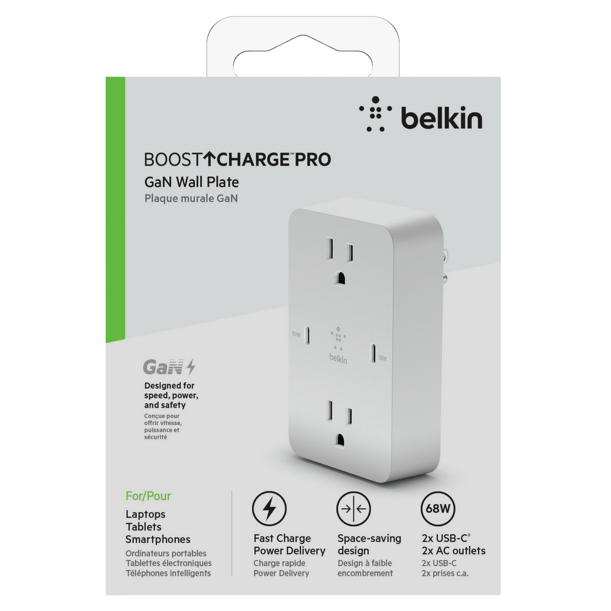 Cargador de Pared Multiple Con Entradas a CA y 2 Usb C De 68W Blanco