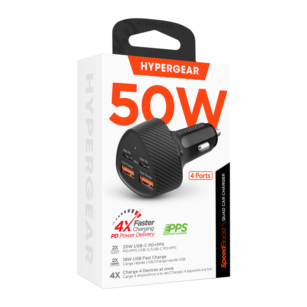 Cargador De Auto De 50w Carga Super Rápida Con 2 Entradas Usb C y 2 Entradas Usb A Negro Hypergear