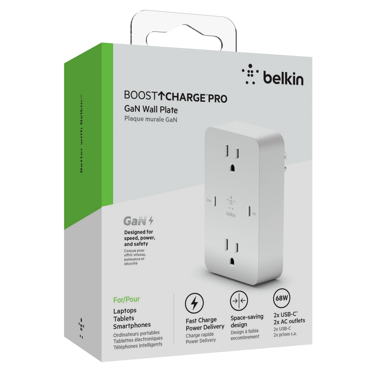 Multiple Wall Charger With AC Inputs and 2 USB C 68W White