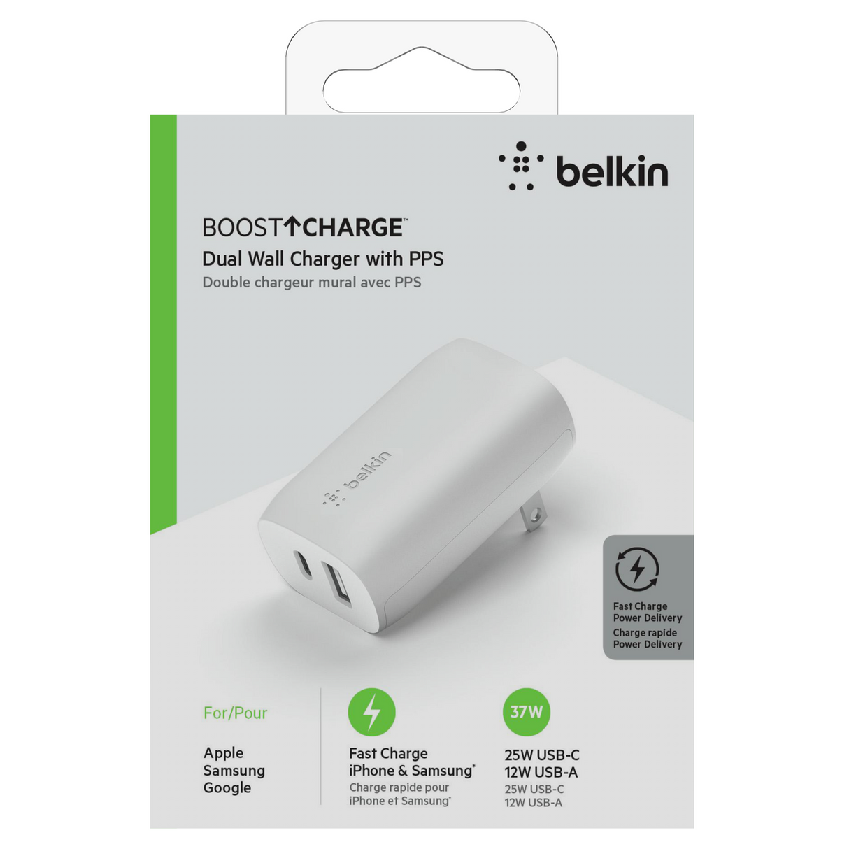 Cargador De Pared Doble Usb C y Usb A De 37W Blanco