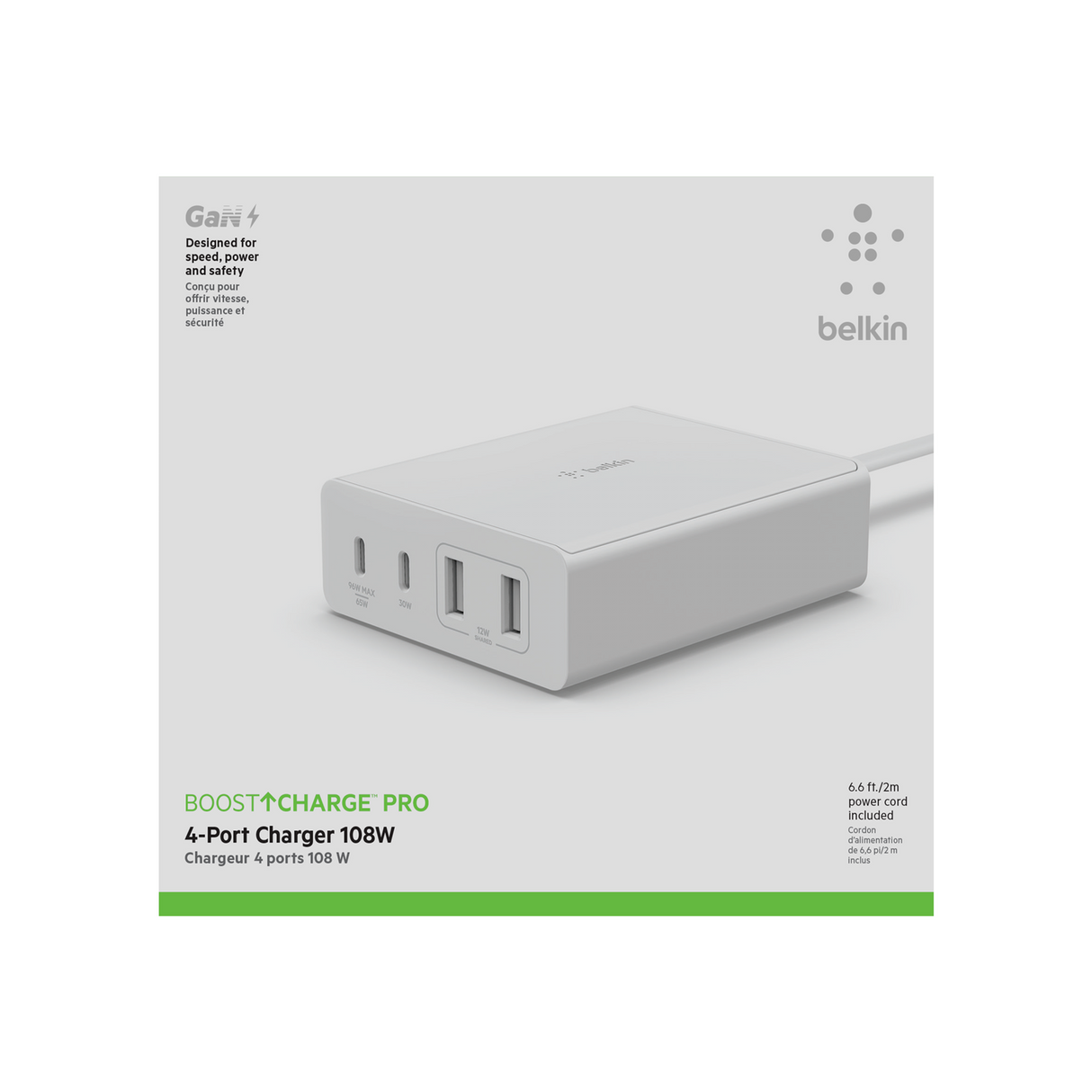 Cargador De Pared De 4 Puertos Con 2 Entradas Usb C y 2 Entradas Usb A De 108W Blanco