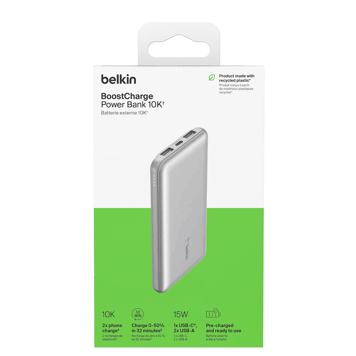 Power Bank De 10k Entrada Usb-A y C De 15w Belkin Plata